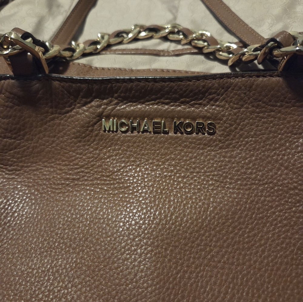 Michael Kors Tan Work Tote Pebbled Leather Gold Medium Harper Everyday Work Bag - Picture 12 of 16